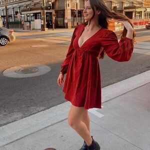 Lulu's Red V-Neck Mini Dress with Puff Sleeves